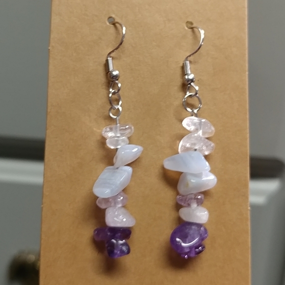 Amethyst Quartz Crystal Blue Lace Agate Earrings Natural Gemstone Chip Beaded - Picture 4 of 14